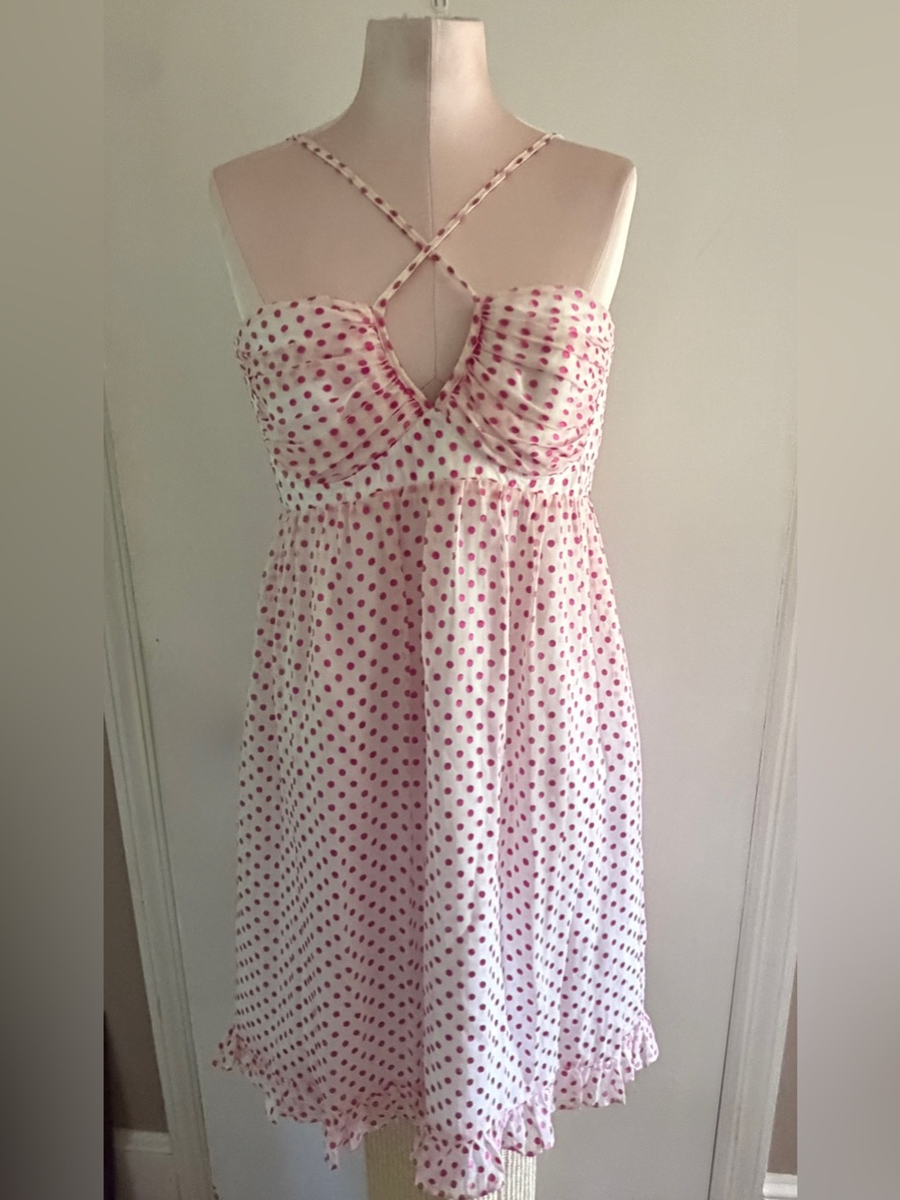 Vintage Betsy Johnson Pink Polka Dot Sundress with Cross Back Straps NWT